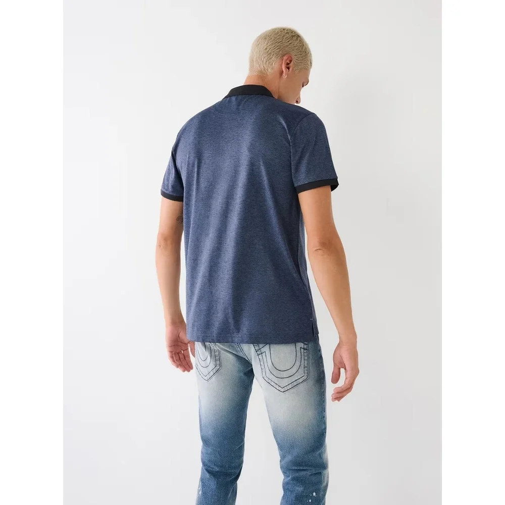 True Religion Polo Shirt Mens Short Sleeve Heathered Blue Black Logo‎ Casual